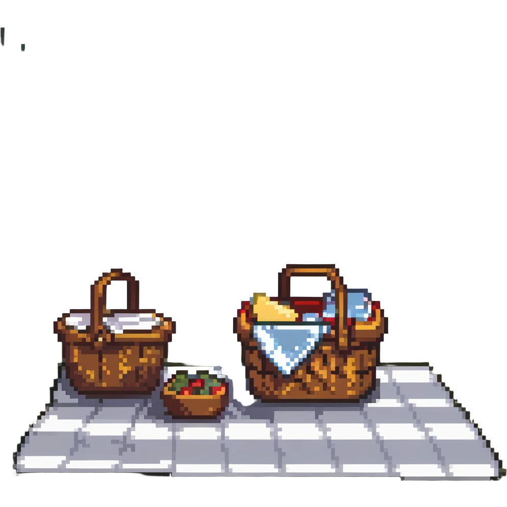picnic basket and blanket next to a lake emoji
