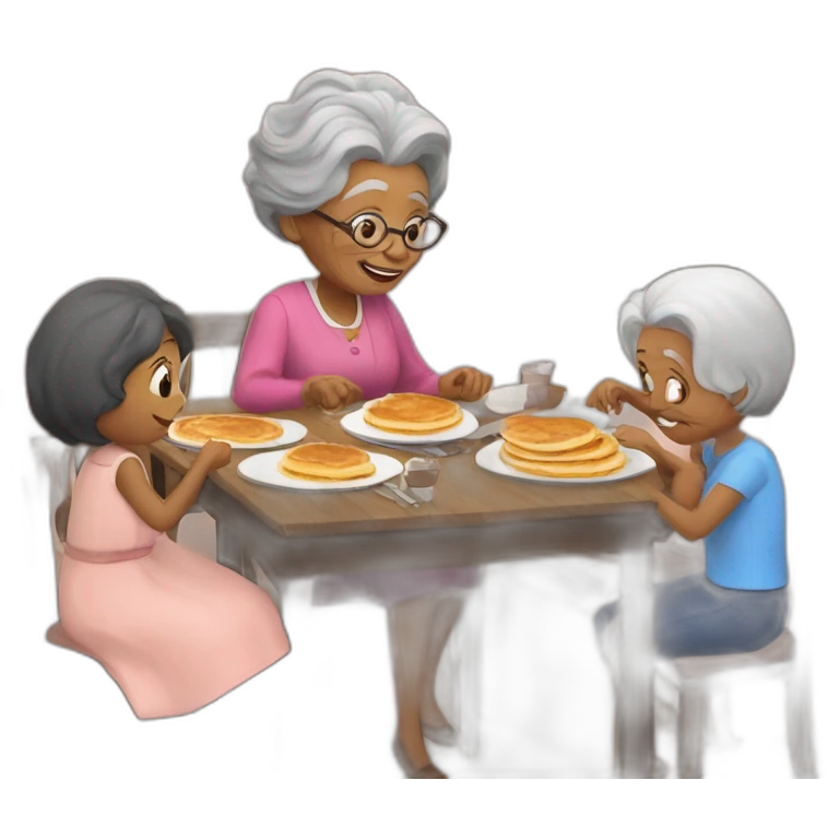 Granny with family in the table eat pancakes emoji