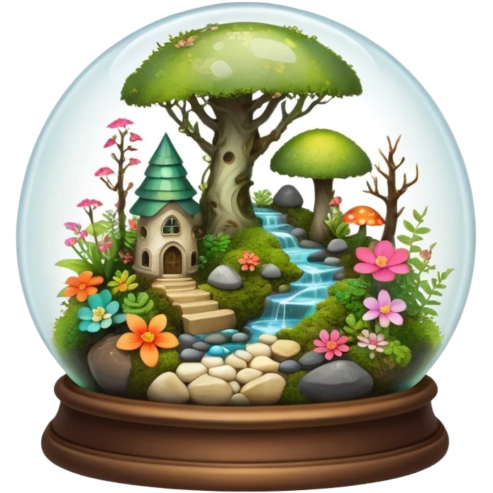 Mystical woodland glass-dome-terrarium-globe with moss inside, with marbles, with pebbles, crystals, with bones inside, and flowers inside  emoji