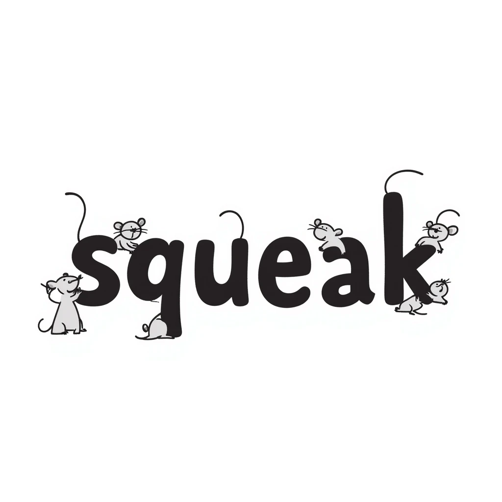 the word 'squeak' illustrated in a playful doodle style with hand drawn text emoji