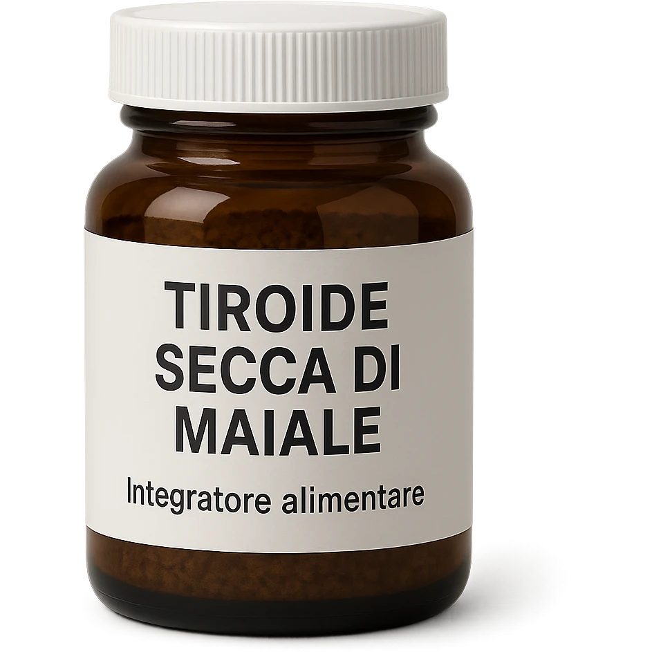 pharmaceutical-style jar of dietary supplement labeled 'Tiroide Secca di Maiale' and 'Integratore alimentare', isolated on white background, clear readable label, hyperrealistic 4K, neutral lighting emoji