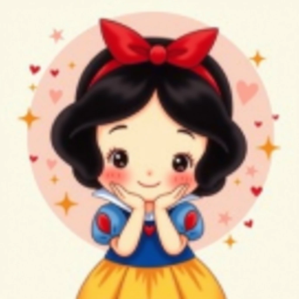 cute cartoon girl inspired by Snow White, red bow, short black hair, blue and yellow dress, blushing cheeks, hands under chin, smiling, surrounded by small hearts and sparkles emoji