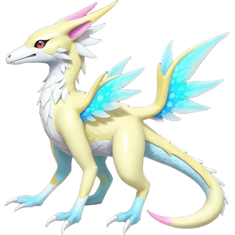 Colorful scaly flurry iridescent shiny bioluminescent translucent luminescent neon pastel bright pale Latias-Sergal-Vernid-Lombax-Renamon-Zeraora-Bastet-Fakémon-hybrid-fusion-creature, full body emoji