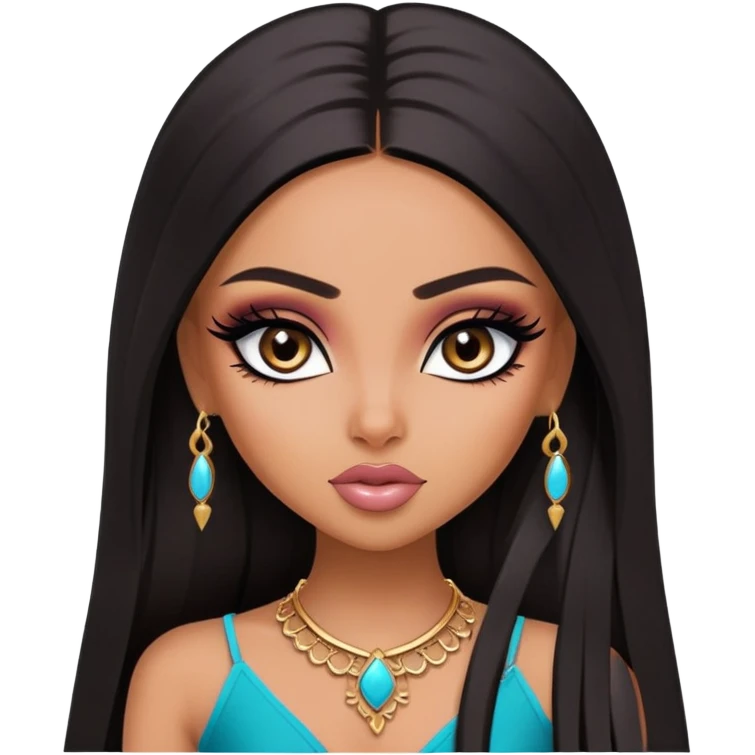 pretty bratz baddie, medium skin, dark long straight hair, arabian face, pretty eyeliner makeup emoji