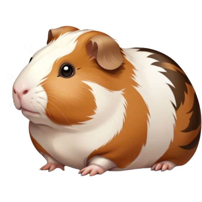 Cinematic Noble Brown and White Banded Guinea Pig Portrait Emoji, Poised and regal, with a compact, chubby build and a uniquely patterned coat of warm brown and crisp white banding, deep-set soulful dark eyes, Simplified yet sharp and sophisticated features, highly detailed, glowing with a soft, dignified glow, high shine, intelligent and charming, stylized with an air of distinctive elegance, focused and attentive, soft glowing outline, capturing the essence of a watchful and confident companion, so majestic it feels as though it could scurry out of the screen with effortless authority! emoji