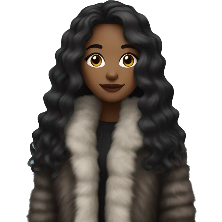 Pretty black girl in a fur coat with long wavy black hair emoji