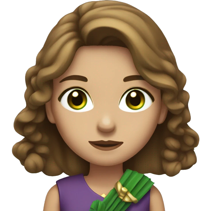 Woman with green eyes, brown long hair, dressed in dress, holding shooting bow emoji
