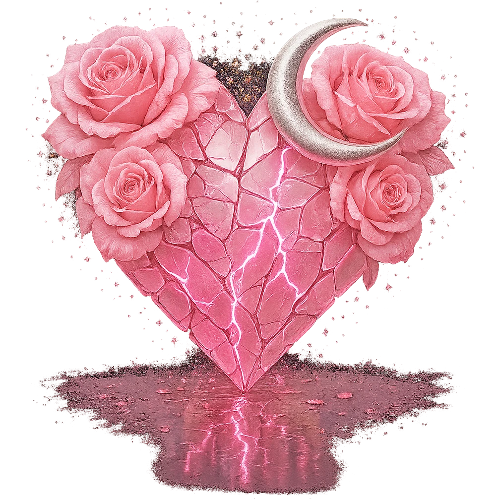 Edit the gothic heart to be formed from splintered light pink glass, a silver crescent moon, light pink roses, sparkling holographic stardust, neon lightning, and a wet, reflective surface. Keep the background transparent. emoji