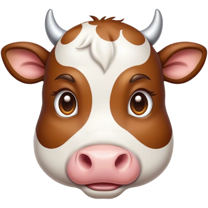 Cinematic Cute Brown and White Cow Portrait Emoji, Head tilted playfully and inquisitively, featuring a glossy, richly patterned hide of brown with striking white patches, round, sparkling brown eyes filled with gentle curiosity, Simplified yet irresistibly adorable features, highly detailed, glowing with a warm, friendly glow, high shine, affectionate and serene, stylized with a touch of country charm, bright and endearing, soft glowing outline, capturing the essence of a mischievous yet loving cow, so playful it feels like it could moo out of the screen and into your arms! emoji