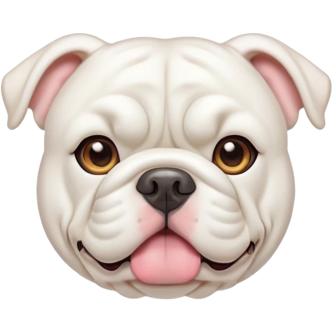 Cinematic Cute White English Bulldog Portrait Emoji, Head tilted playfully and inquisitively, featuring a silky pure white coat with a gentle sheen, round, sparkling brown eyes filled with curiosity, Simplified yet irresistibly adorable features, highly detailed, glowing with a warm, friendly glow, high shine, affectionate and charming, stylized with a touch of whimsy, bright and endearing, soft glowing outline, capturing the essence of a mischievous yet loving companion, so playful it feels like it could bound out of the screen and into your arms! emoji