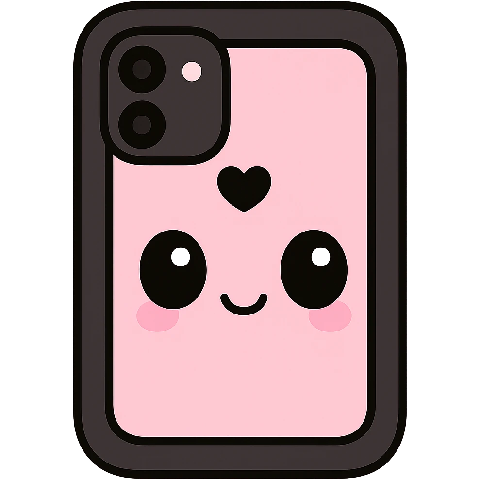 Remove any purse or purse-matching elements. Focus only on a pink and black gothic phone case in kawaii style with big eyes, smiling, cartoonish, playful. No purse references. No background. emoji