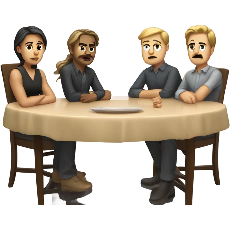 6 Caucasian people sitting around a table looking unhappy emoji