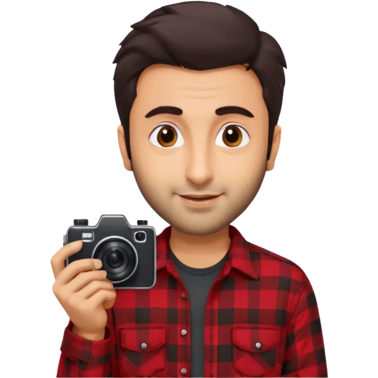 generate a pretty bratz emoji 
Make her look like Ranbir kapoor wearing a red flannel shirt, smirking and carrying a camera

he should look exactly  like ranbir kapoor!  emoji