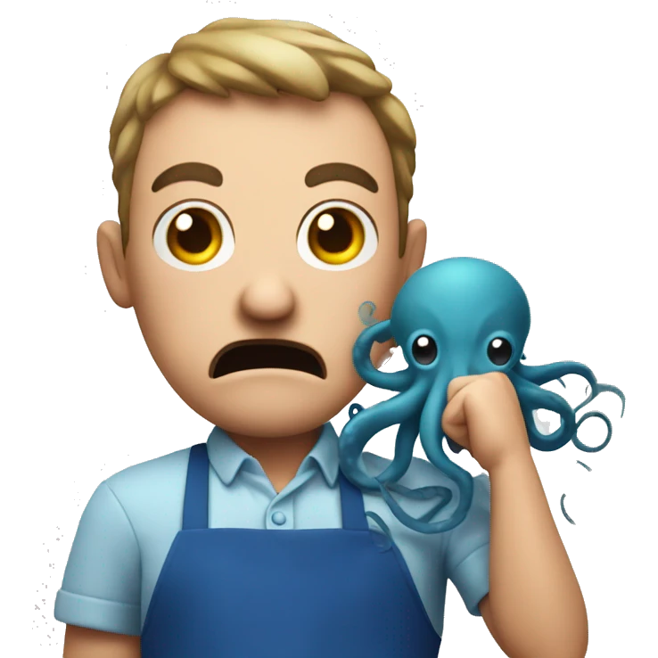 angry guy in a blue apron with an octopus in his hands emoji