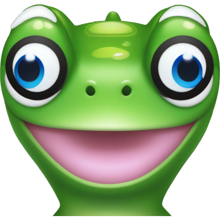 pixel green frog face with blue eyes and smile with AirPods Max on her head emoji