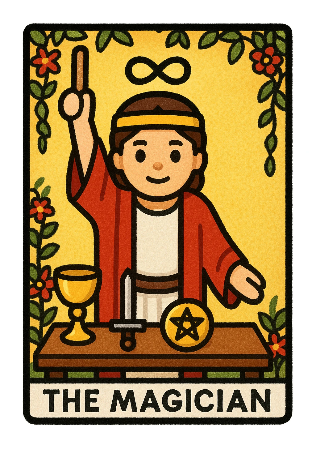 Rider Waite Smith style emoji of The Magician tarot card, with a mystical figure, red and white robes, classic tarot iconography, compact emoji format emoji