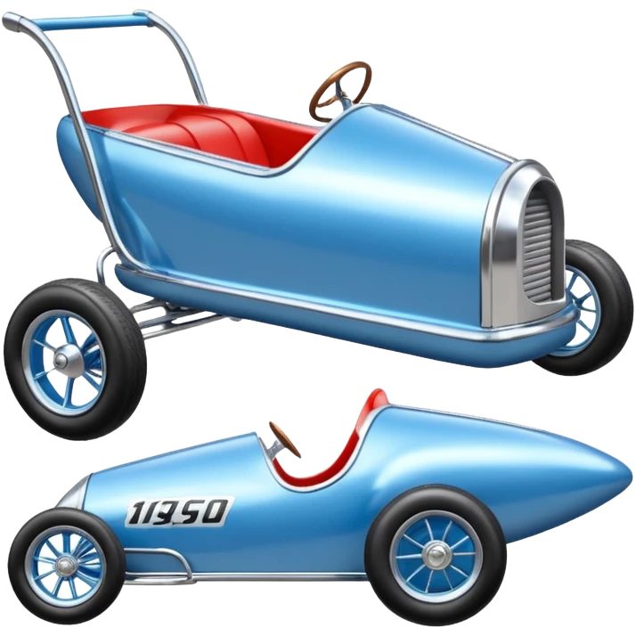 Light sparkling blue and chrome 40’s style Antique-looking shopping cart (made of shopping cart material) race car with custom aero body and rear wing  emoji
