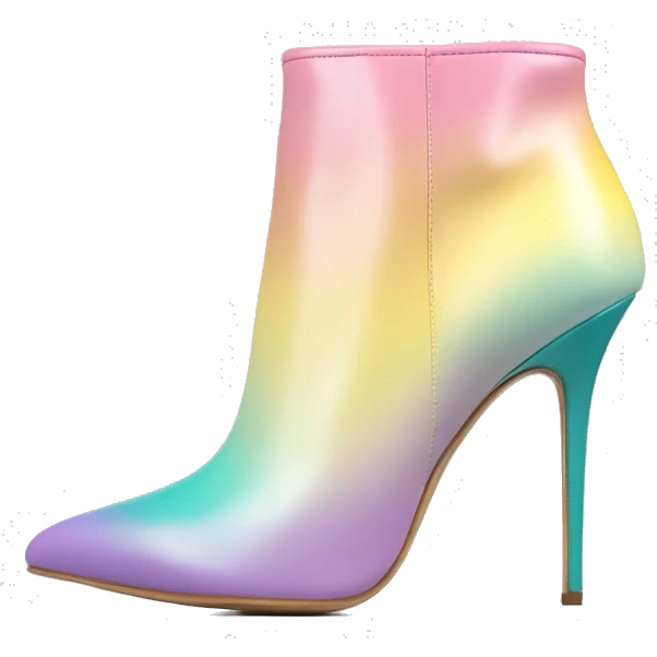 Hyper Realistic isolated side view of a pair of teal,pastel pink,pastel purple,and yellow ombre Michael Kors stiletto ankle bootie boots.  emoji