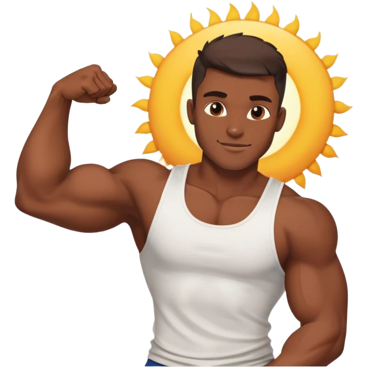 Handsome muscular boyfriend with defined abs, wearing a tank top, strong jawline, darkerr skin, charming smirk, flexing arm, sun-kissed skin, emoji