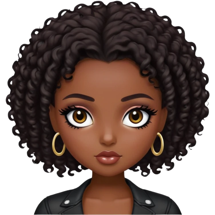  short curly dark hair, dark skin skin, dark brown eyes, pretty bratz baddie, black eyeliner emoji
