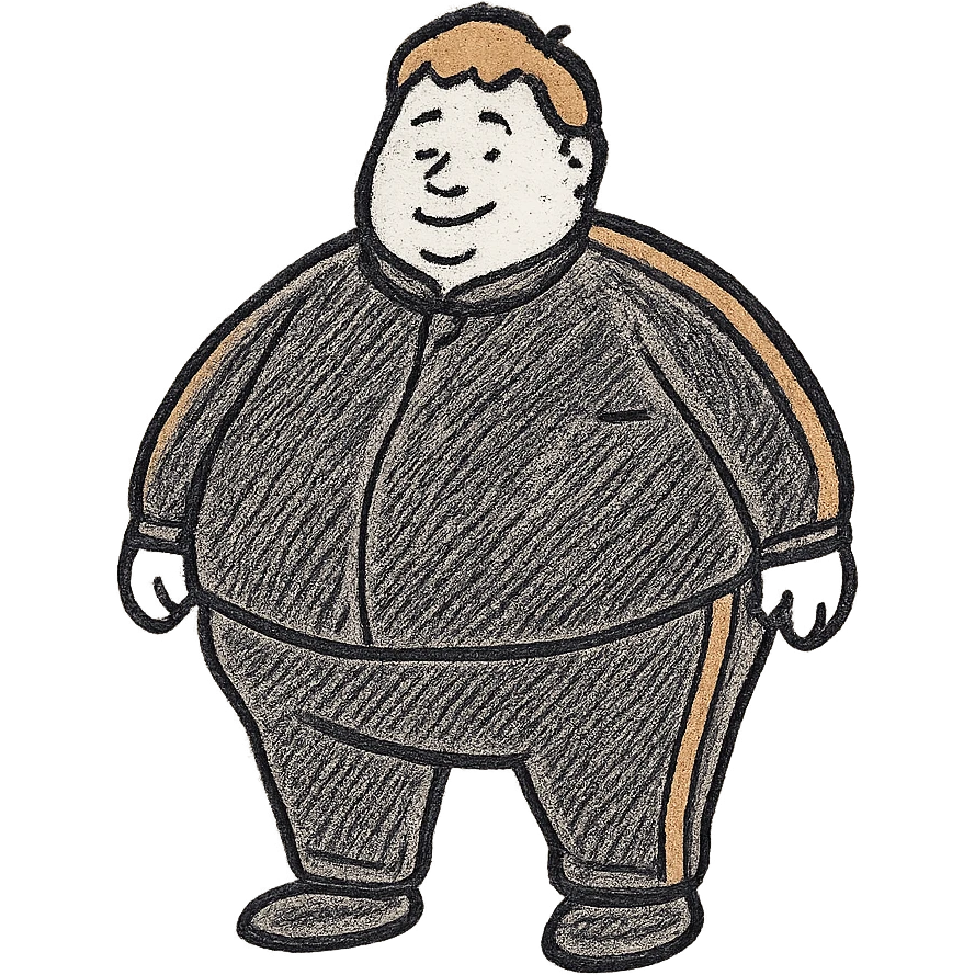 Extremely fat man with orange hair wearing black tracksuit with orange lines emoji