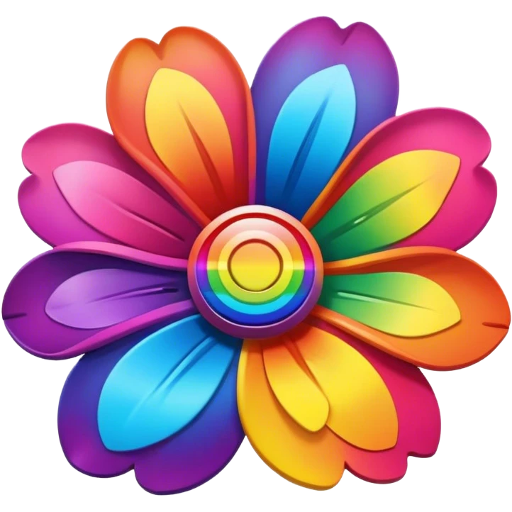 A round psychedelic colored button with a large rainbow colored flower in the center emoji