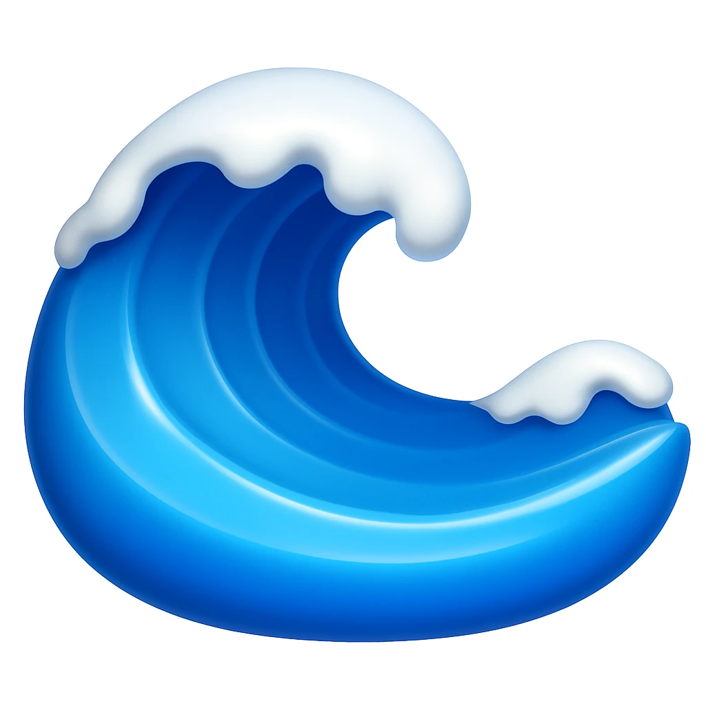 Create a wave emoji that looks exactly like the reference image in classic iOS emoji style. The emoji should be 3D with shiny, smooth gradients, soft shadows, and use blue and white colors to match the classic emoji look. Add a glossy effect to the water surface. emoji