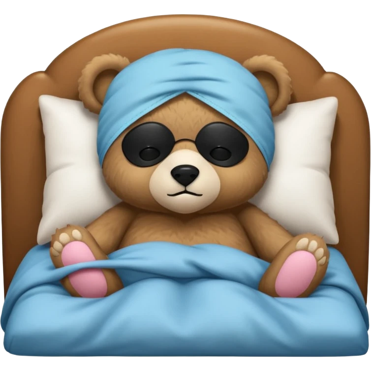 sleepy cute bear with sleeping mask sitting on comfiest bed emoji