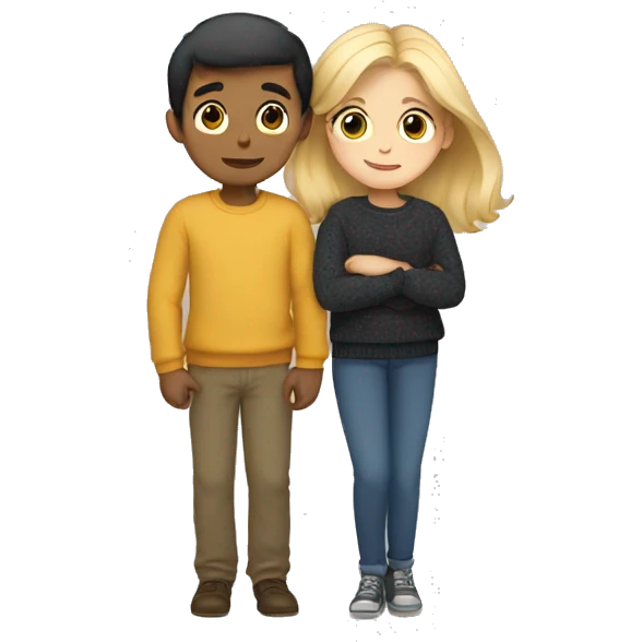 A boy and a girl in wide pants and sweaters hug, the boy has blond hair, and the girl has dark hair emoji
