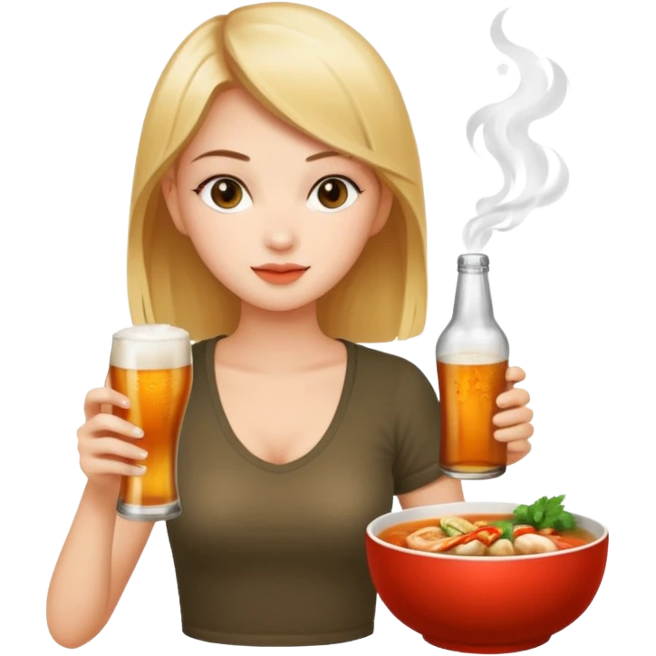 a young woman full length wathing series with a bottle of beer and tom yum  emoji