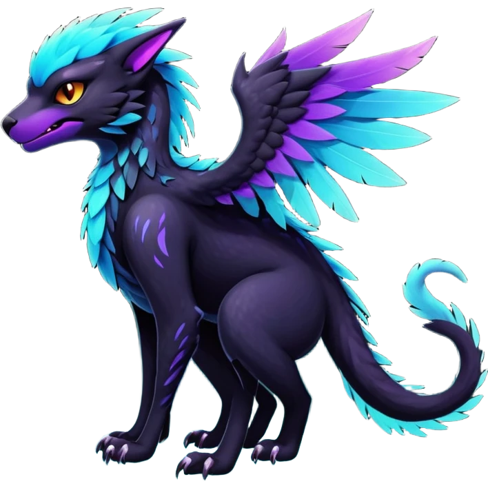Black Dark Exotic Black, Cyan, Purple, Beaked Feathery Nocturnal Neon-glowing Abyssal Nightly Abyss-Cat-Gryphon-Salandit-Nargacuga-Silvally-Vernid-Sergal-Fakémon-Hybrid-Creature (full body) emoji