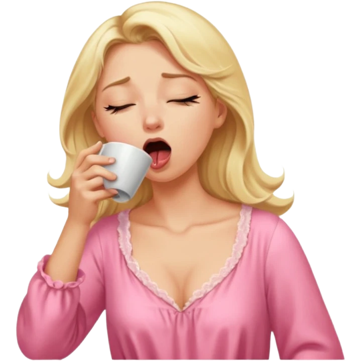 A blonde woman in a pink nightgown yawns, looking sleepy with dark circles under her eyes, drinking coffee, looking like she just woke up. emoji