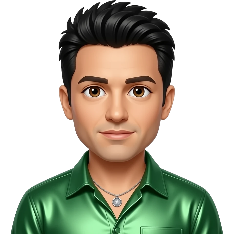 Danny Wood from NKOTB with brown eyes, black hair, green metallic shirt, necklace emoji