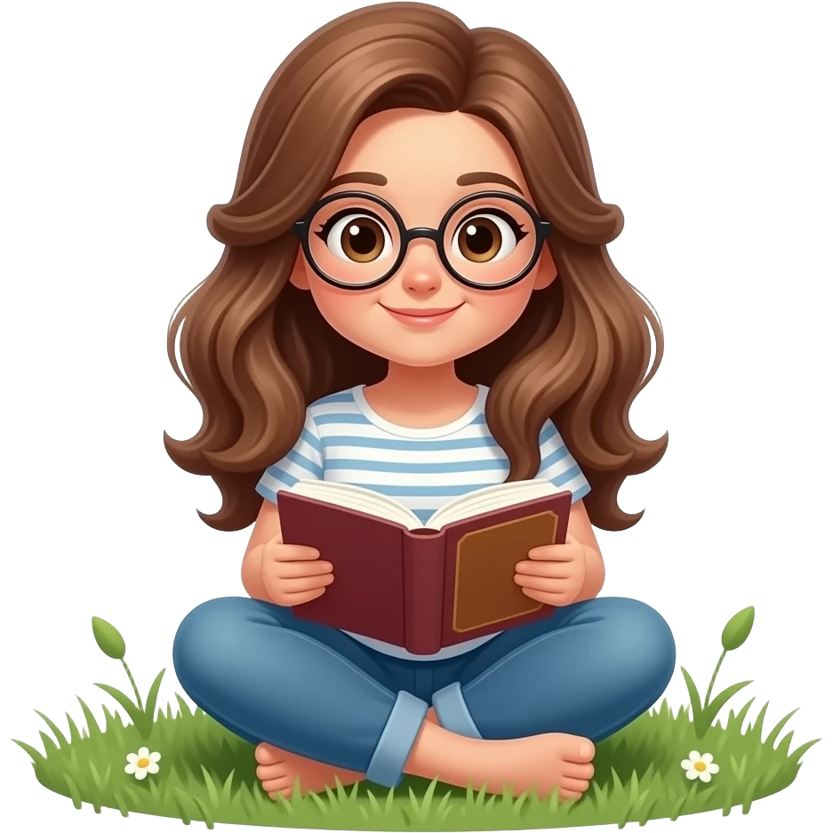 detailed emoji illustration of a curvy woman with long light brown wavy hair, light brown eyes and round glasses reading a book sitting in the grass, peaceful outdoor atmosphere, cute emoji style emoji