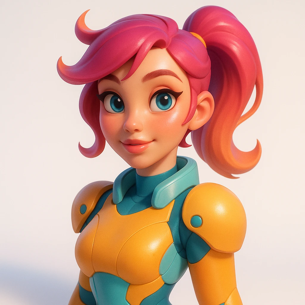 3D sculpture of female character in Pixar × Overwatch × Loish style, smooth shapes, warm porcelain skin, smooth and plastic finish, vivid pastel colors, soft bloom, white gradient background, juicy highlights on eyes and lips, no contours or rough textures emoji