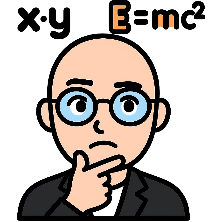 Add a thinking expression to the bald man with glasses and math equations over his head, keep the background transparent. emoji