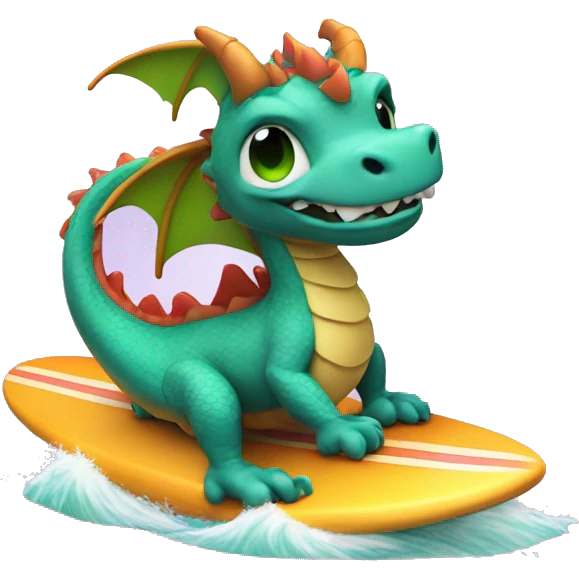 cute dragon on a surfboard on a wave emoji