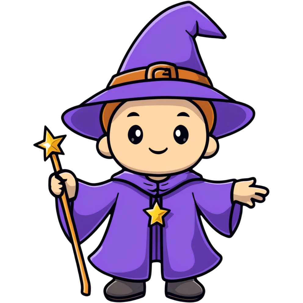 cartoon wizard kid with a big hat and sparkles emoji