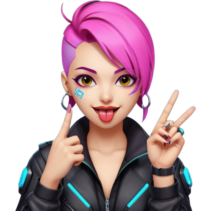 Woman with her tongue out in cyberpunk clothing and giving the middle finger. Looking naughty. emoji