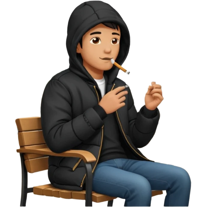 A man sitting on a chair, wearing a black puffed coat with hood, hands in his pocket, smoking a cigaret, he is on a chair, the chair is an outside coffe terrasse chair emoji