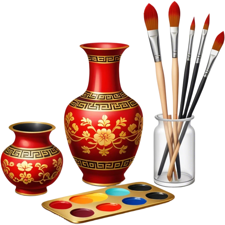 Chinese metal painting icon, delicate Chinese patterns painted on a metal vase, visible fine paintbrush, paint pots, and accessories like porcelain palette and cloth, vibrant colors like red, gold, and black, minimalistic style, clean lines, transparent background. emoji