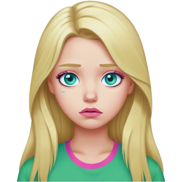 Cinematic realistic blonde with long hair, blue eyes and pink lips, wearing a green T-shirt, sad emoji