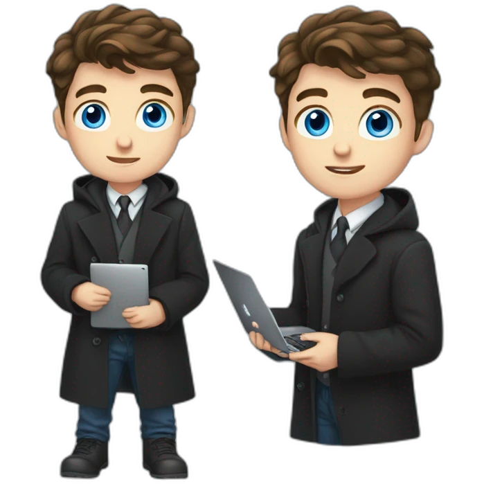 Blue eyes ,uses laptop in hands, uses laptop in hands, Blue eyes, Classy programmer, 13 years old, coat, formal outfit, pc in hands, brunette boy, black coat, all body emoji
