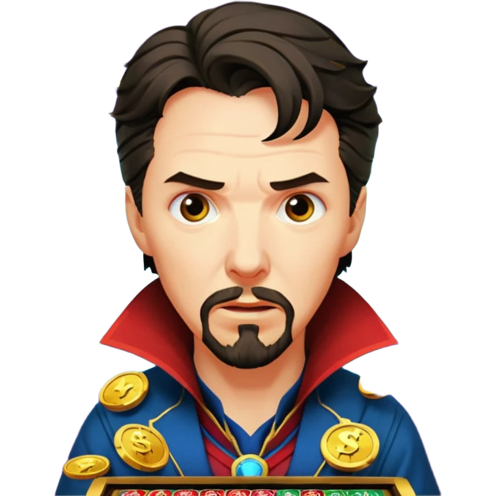 disheveled Doctor Strange losing money at a slot machine, panicked face, coins flying emoji