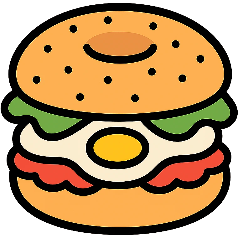 bagel sandwich with eggs and vegetables, outlined icon with color accents, Pinterest-inspired emoji