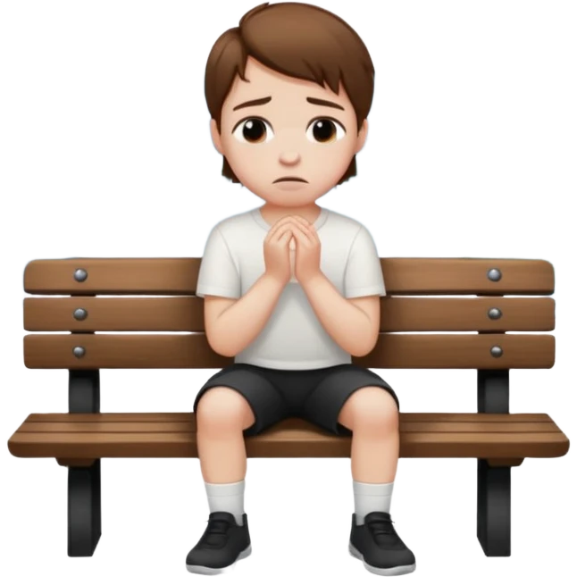 boy with brown hair black short and a white shirt sitting sobbing by himself on a bench with a lake in the back  emoji
