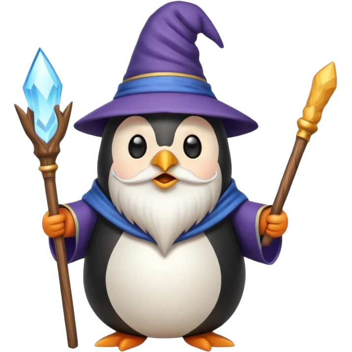 chubby penguin wizard with a long beard and a wand, emoji style emoji