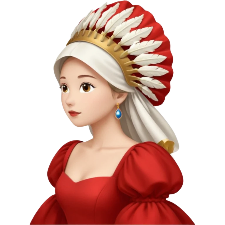 mujer de perfil con un vestido rojo de manga y falsas largas y voluptosas, y una toca blanca GRANDE que cubre su cara de perfil emoji