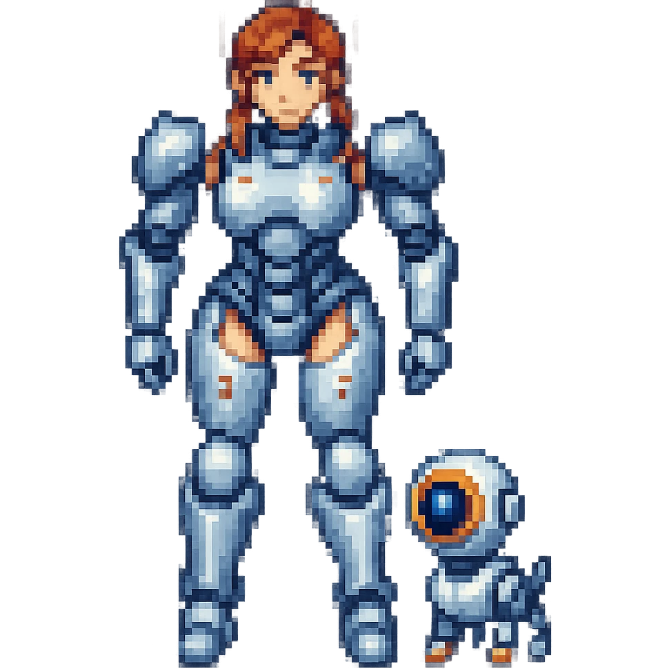 Add a small robotic pet next to the female robot fighter in pixel art style. emoji