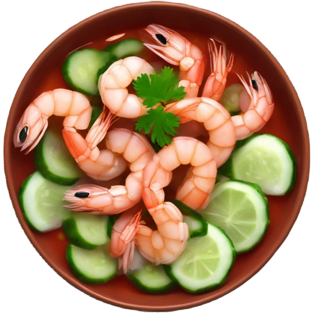 Shrimps in bowl with red sauce and cucumber onions cilantro  emoji